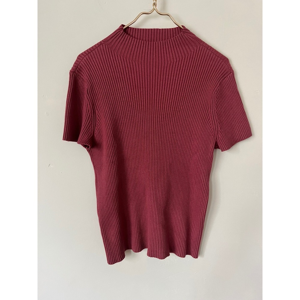 Nine West Womens XXL Berry Red Ribbed Mock Neck Short Sleeve Knit Sweater Top